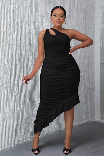 Vestido fiesta entallado sin mangas, cruzado con volantes