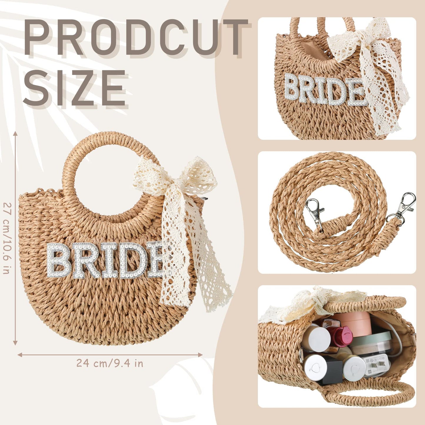 Pinkunn Bride Gift Bride Straw Purse Mrs Handwoven Bag Rhinestone Letter Bag Bachelorette Honeymoon Wedding Bridal Shower(BRIDE)