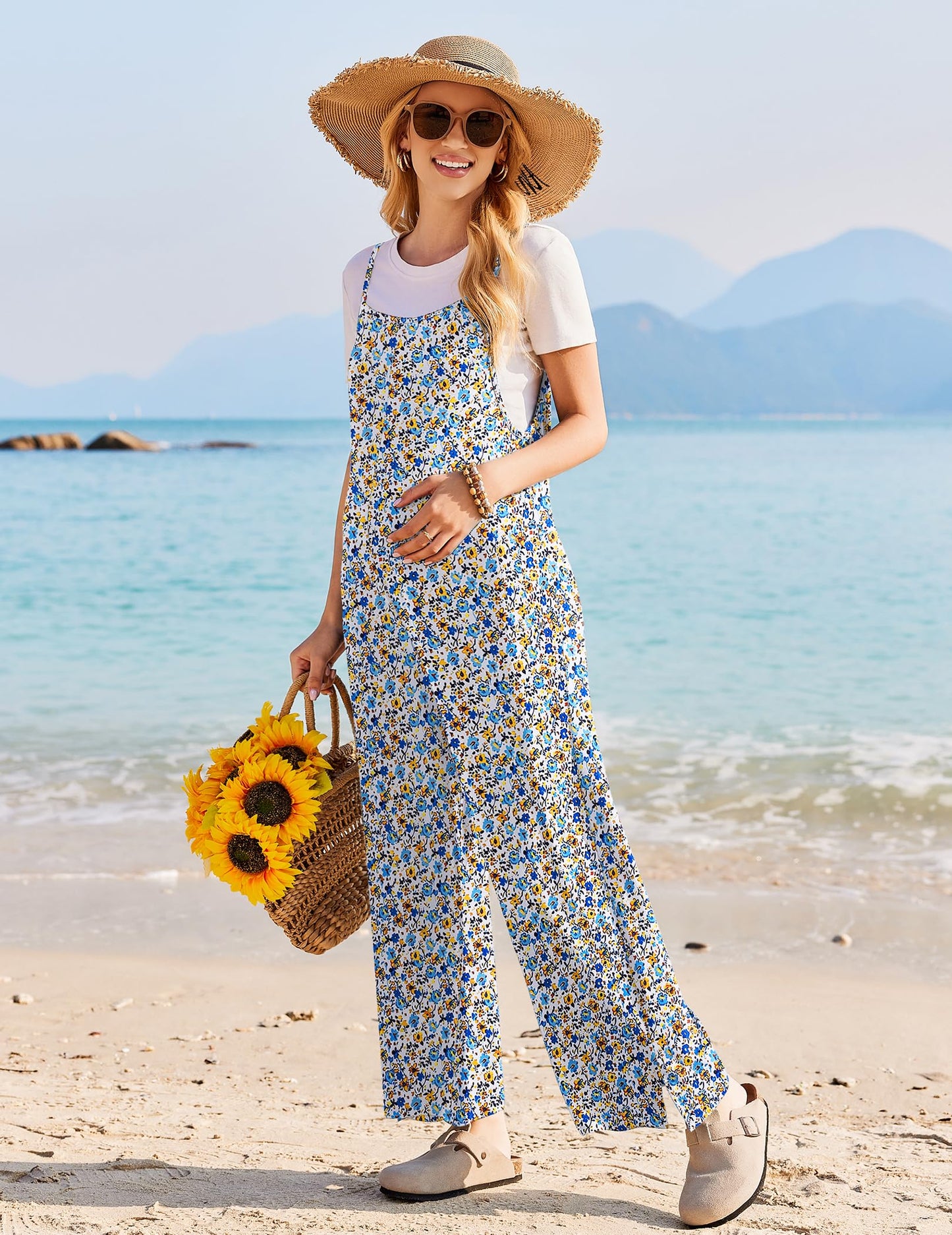 Womens Causal Sleeveless Jumpsuits Summer Boho Wide Leg