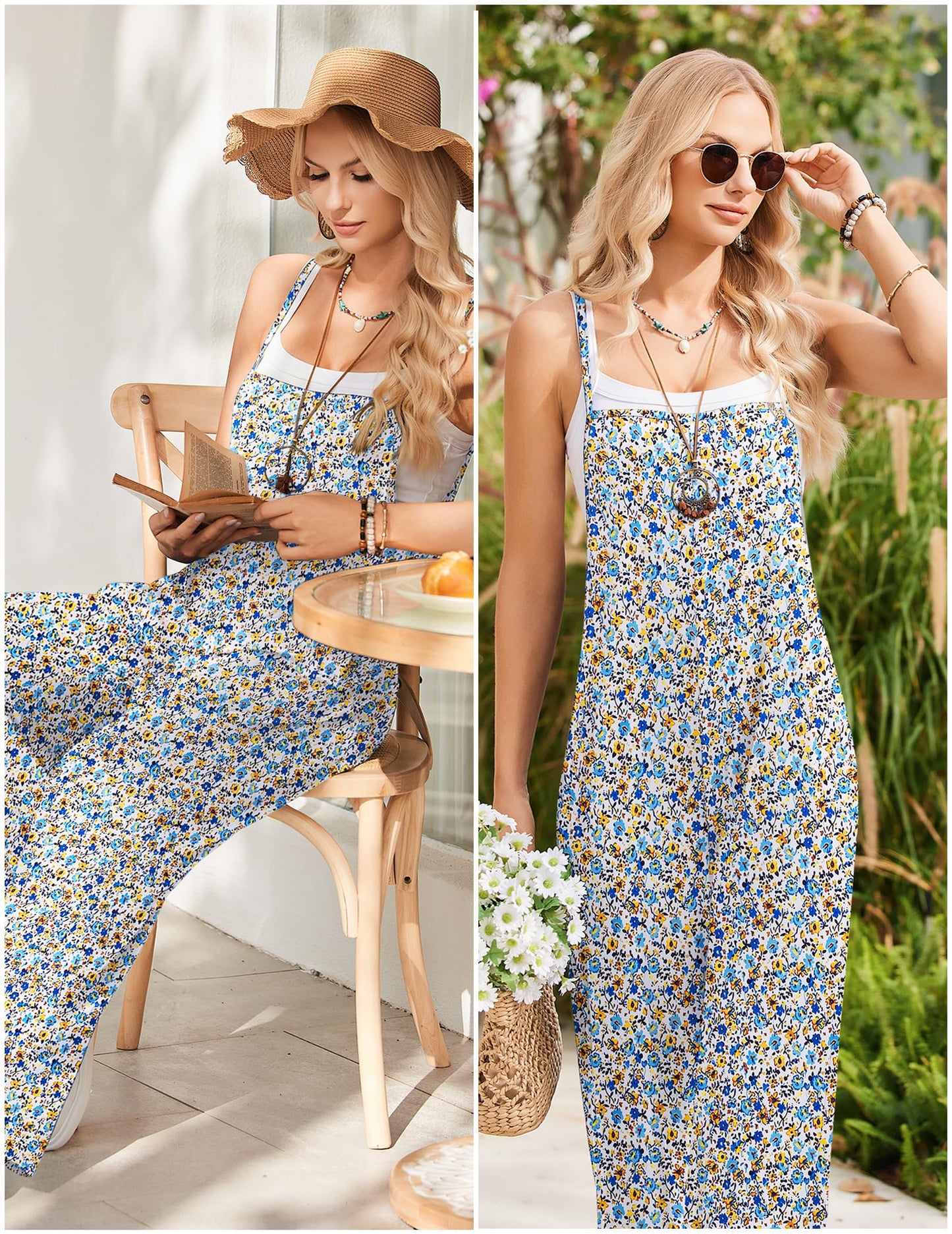 Womens Causal Sleeveless Jumpsuits Summer Boho Wide Leg