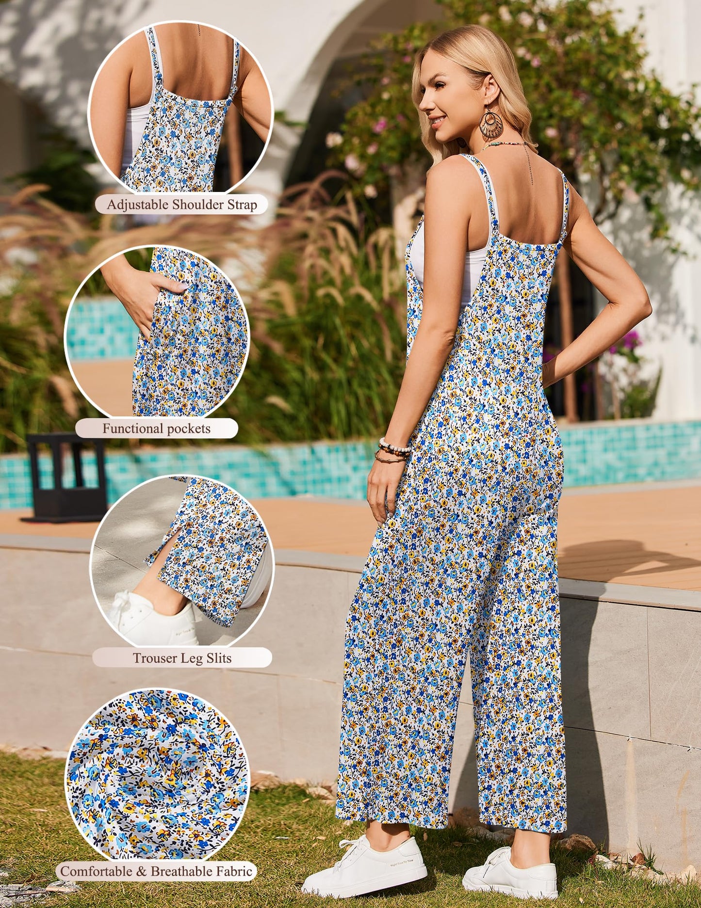 Womens Causal Sleeveless Jumpsuits Summer Boho Wide Leg
