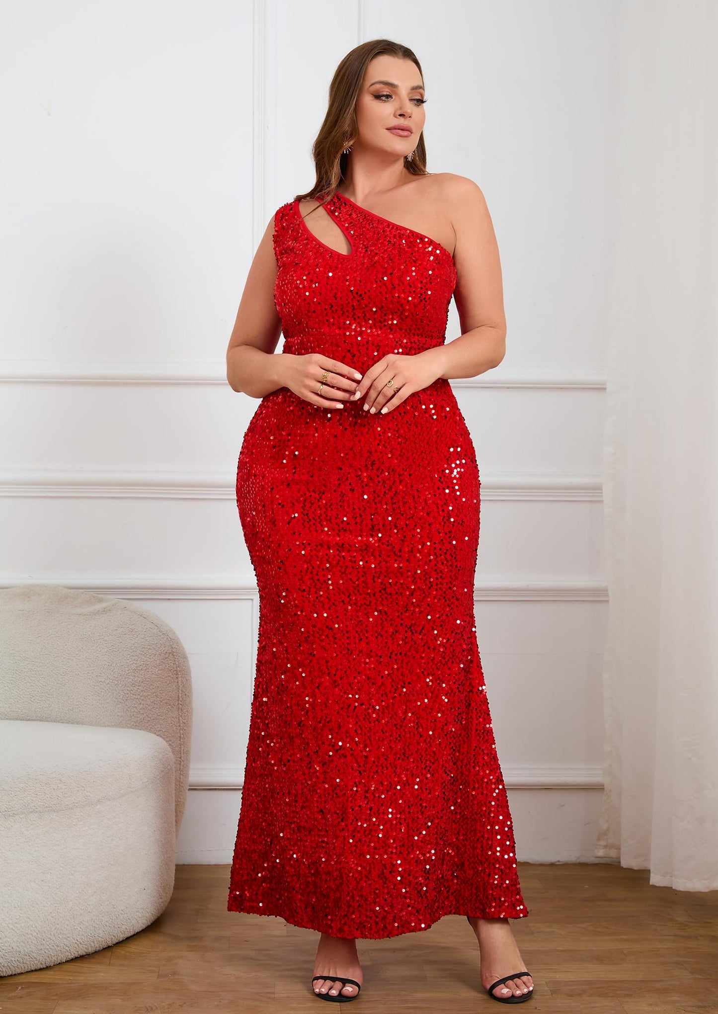 Vestido largo de lentejuelas de talla grande sin mangas con cuello oblicuo de sirenas