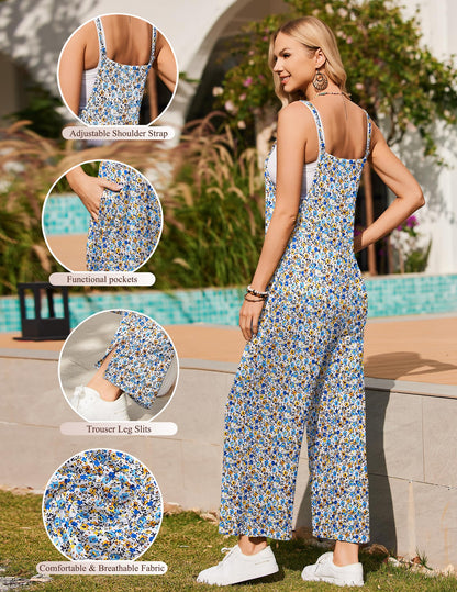 Womens Causal Sleeveless Jumpsuits Summer Boho Wide Leg